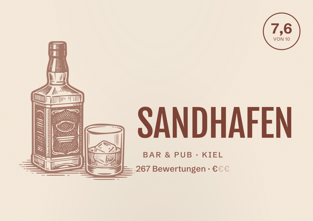 Illustriertes Poster von SANDHAFEN, Bar & Pub in Kiel: Bewertung 7,6 von 10 aus 267 Bewertungen, Preisniveau €