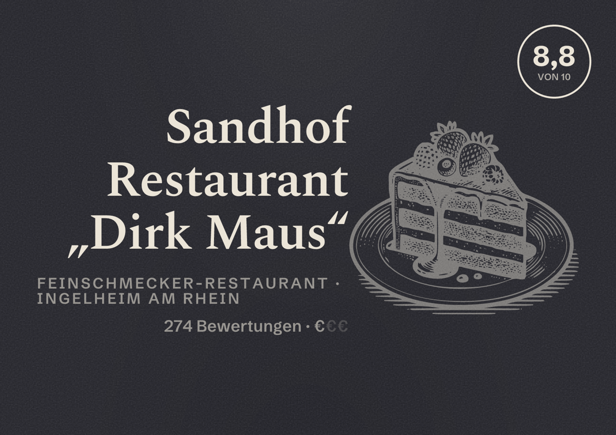 Illustriertes Poster von Sandhof Restaurant „Dirk Maus“, Feinschmecker-Restaurant in Ingelheim am Rhein: Bewertung 8,8 von 10 aus 274 Bewertungen, Preisniveau €
