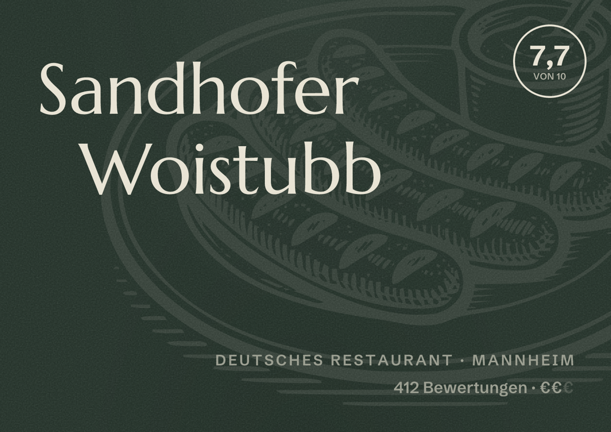 Illustriertes Poster von Sandhofer Woistubb, Deutsches Restaurant in Mannheim: Bewertung 7,7 von 10 aus 412 Bewertungen, Preisniveau €€
