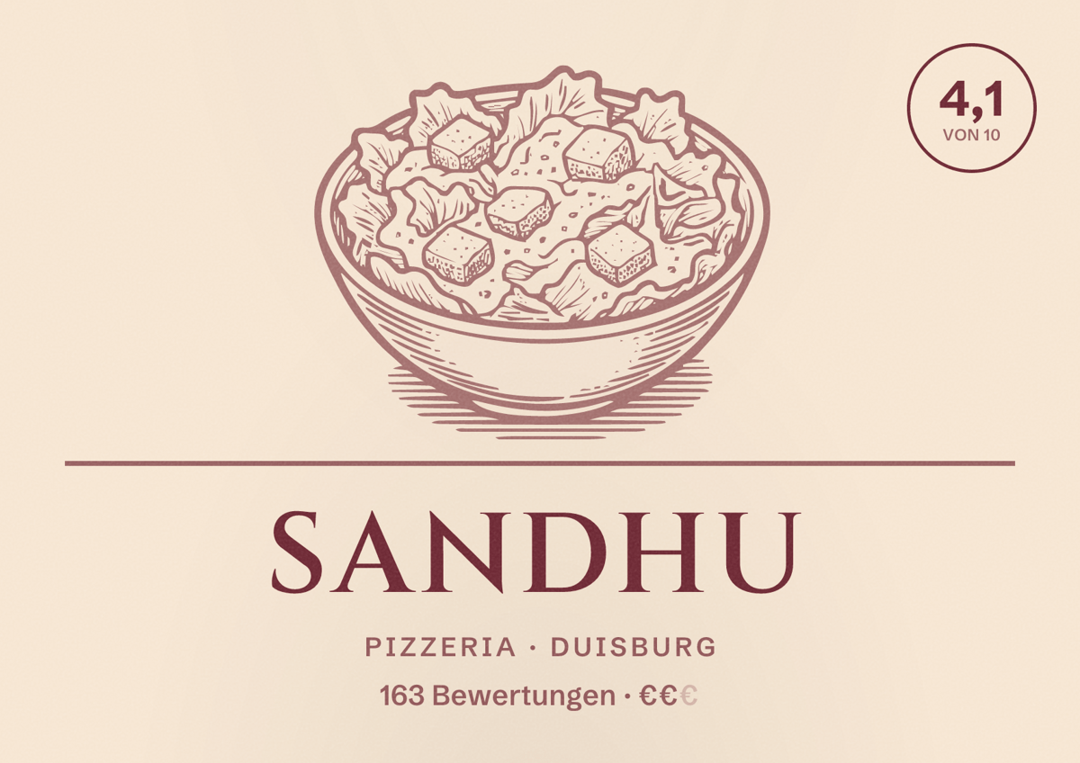 Illustriertes Poster von Sandhu, Pizzeria in Duisburg: Gästebewertung 4,1 von 10 aus 163 Bewertungen