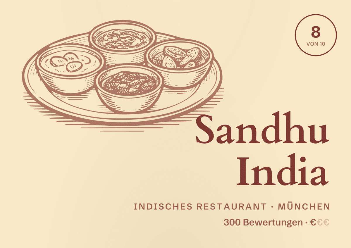 Illustriertes Poster von Sandhu India, Indisches Restaurant in München: Bewertung 8,0 von 10 aus 300 Bewertungen, Preisniveau €