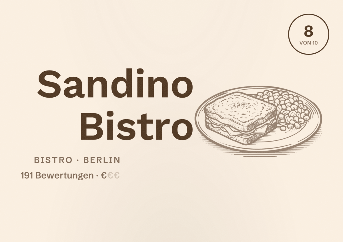 Illustriertes Poster von Sandino Bistro, Bistro in Berlin: Bewertung 8,0 von 10 aus 191 Bewertungen, Preisniveau €