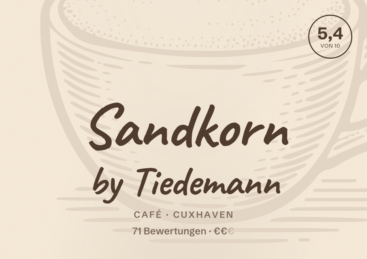 Illustriertes Poster von Sandkorn by Tiedemann, Café in Cuxhaven: Bewertung 5,4 von 10 aus 71 Bewertungen, Preisniveau €€