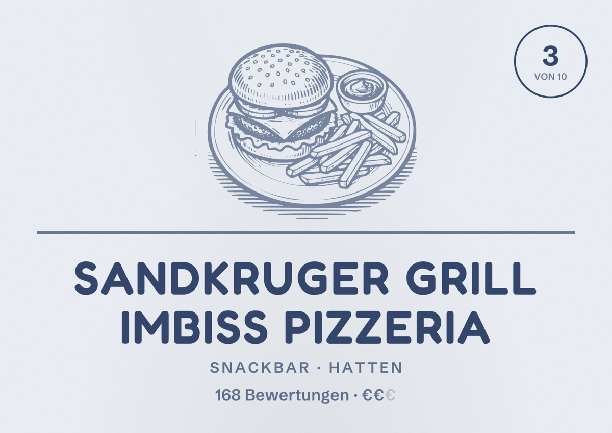 Illustriertes Poster von Sandkruger Grill Imbiss Pizzeria, Snackbar in Hatten: Bewertung 3 von 10 aus 168 Bewertungen, Preisniveau €€