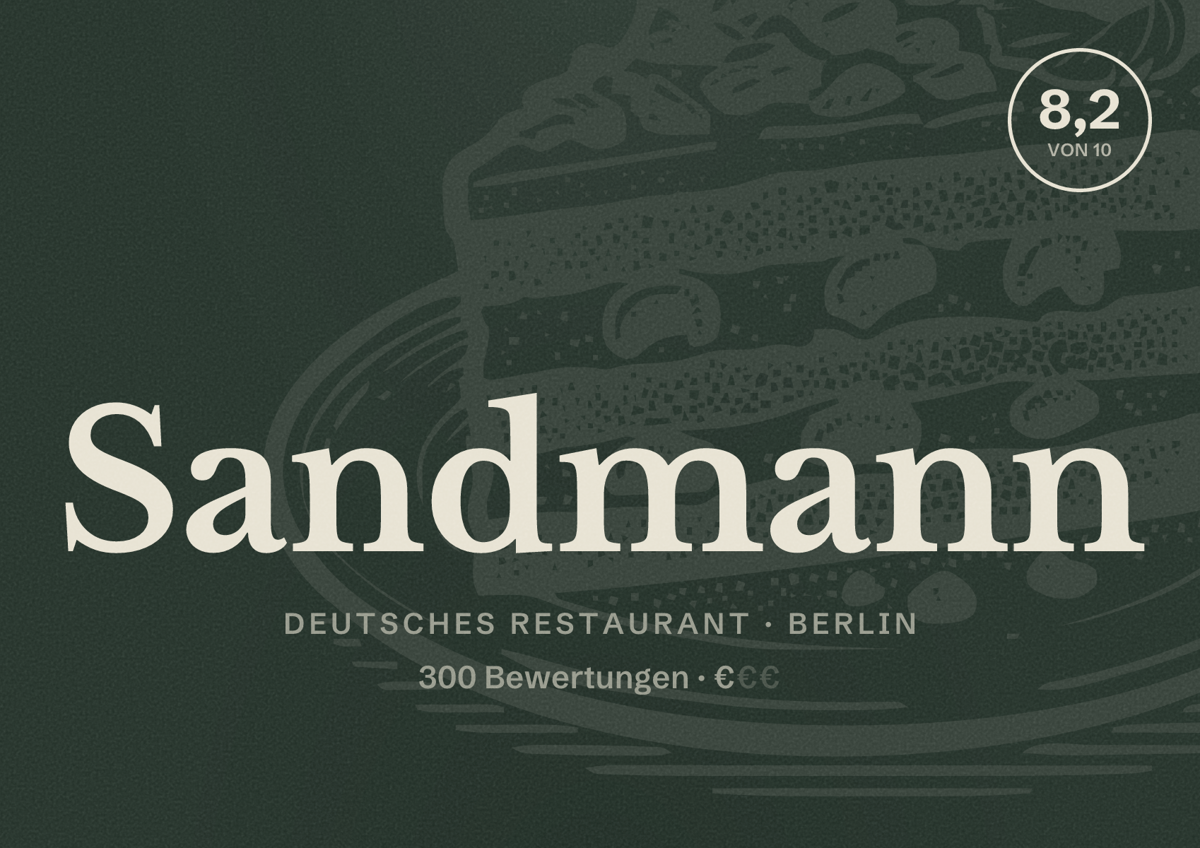 Illustriertes Poster von Sandmann, Deutsches Restaurant in Berlin: Bewertung 8,2 von 10 aus 300 Bewertungen, Preisniveau €