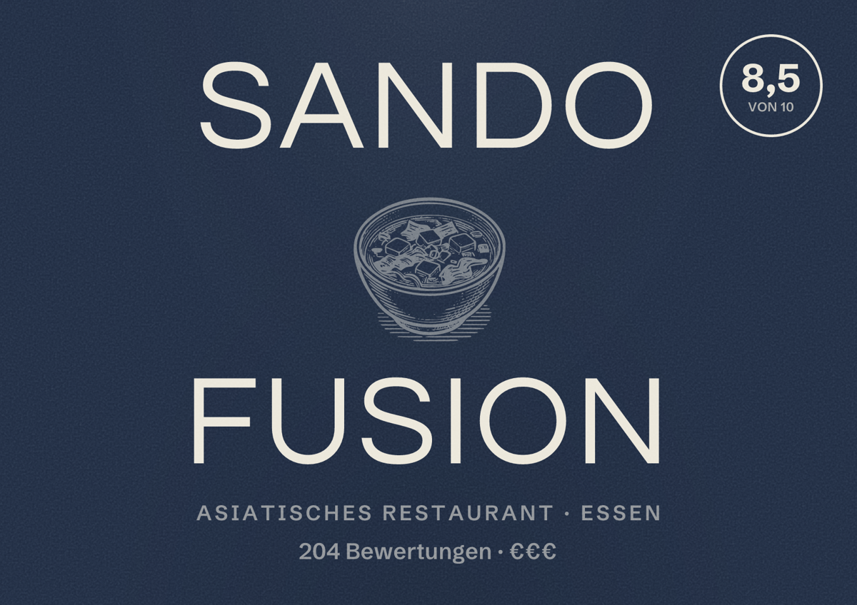 Illustriertes Poster von Sando Fusion, Asiatisches Restaurant in Essen: Bewertung 8,5 von 10 aus 204 Bewertungen, Preisniveau €€€