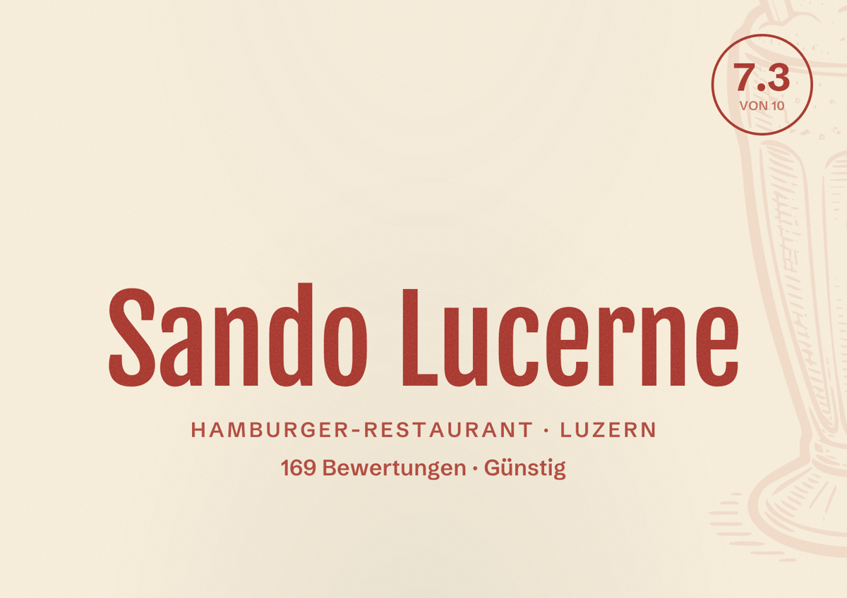 Illustriertes Poster von Sando Lucerne, Hamburger-Restaurant in Luzern: Bewertung 7.3 von 10 aus 169 Bewertungen, Preisniveau Günstig