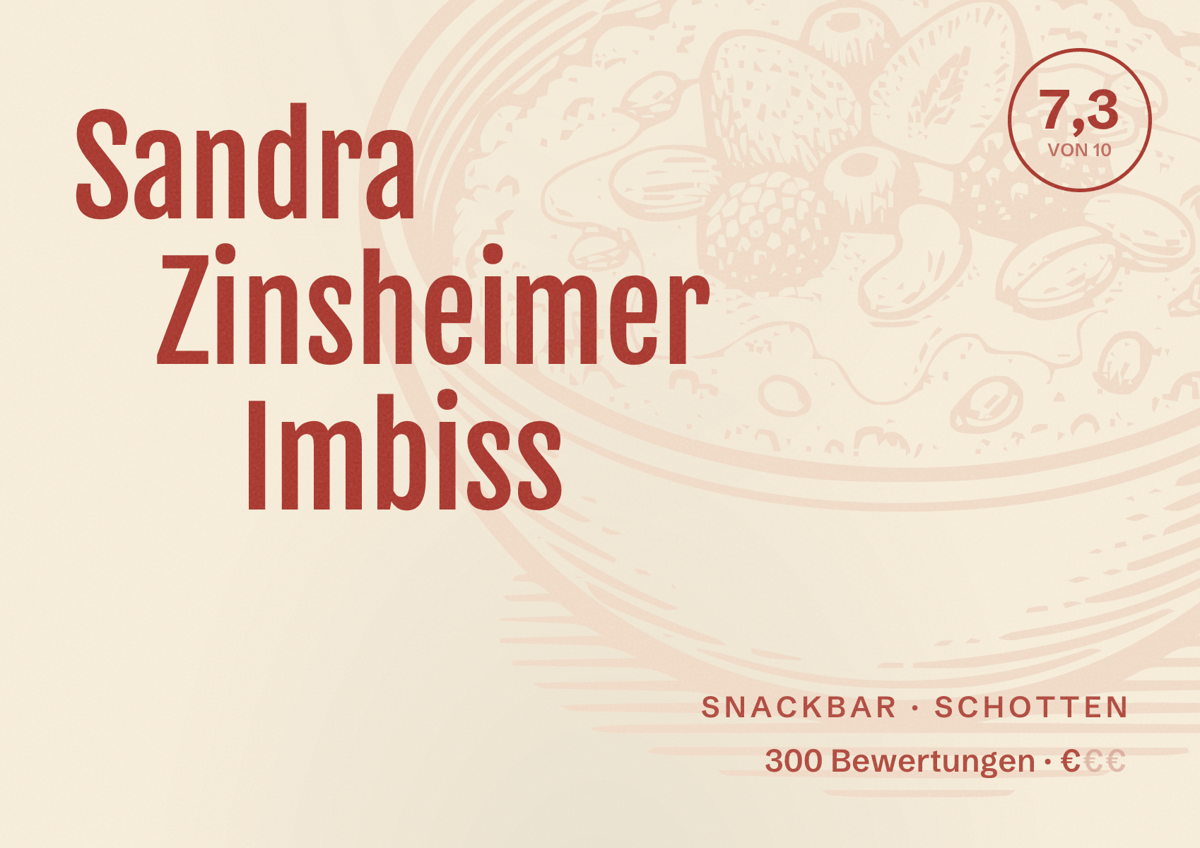 Illustriertes Poster von Sandra Zinsheimer Imbiss, Snackbar in Schotten: Bewertung 7,3 von 10 aus 300 Bewertungen, Preisniveau €