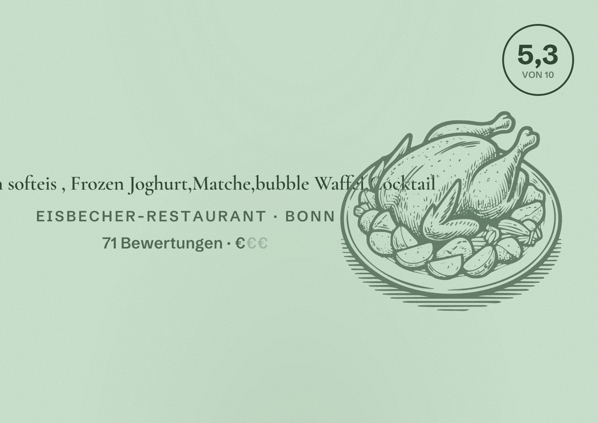 Illustriertes Poster von Sandron softeis , Frozen Joghurt,Matche,bubble Waffel,Cocktail, Eisbecher-Restaurant in Bonn: Bewertung 5,3 von 10 aus 71 Bewertungen, Preisniveau €