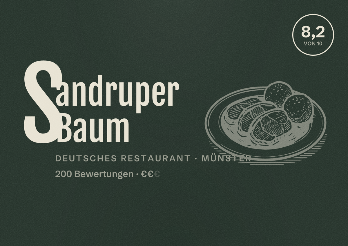 Illustriertes Poster von Sandruper Baum, Deutsches Restaurant in Münster: Bewertung 8,2 von 10 aus 200 Bewertungen, Preisniveau €€