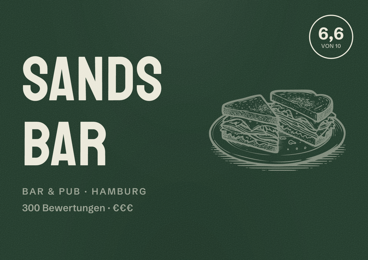 Illustriertes Poster von Sands Bar, Bar & Pub in Hamburg: Bewertung 6,6 von 10 aus 300 Bewertungen, Preisniveau €€€