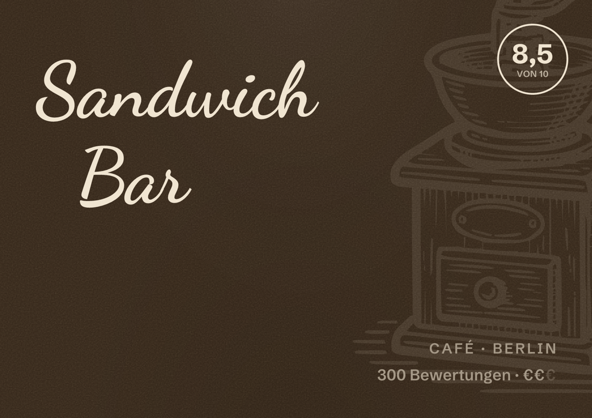 Illustriertes Poster von Sandwich Bar, Café in Berlin: Bewertung 8,5 von 10 aus 300 Bewertungen, Preisniveau €€