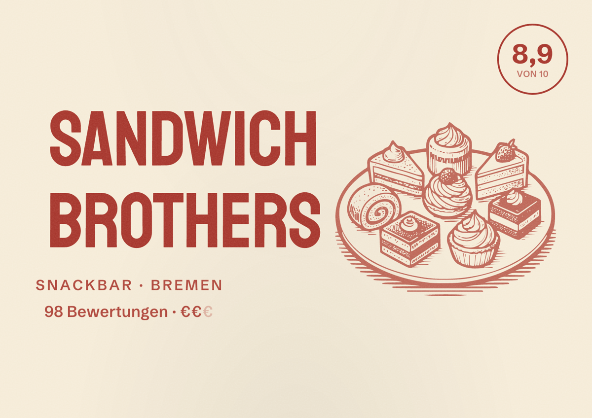 Illustriertes Poster von Sandwich Brothers, Snackbar in Bremen: Bewertung 8,9 von 10 aus 98 Bewertungen, Preisniveau €€