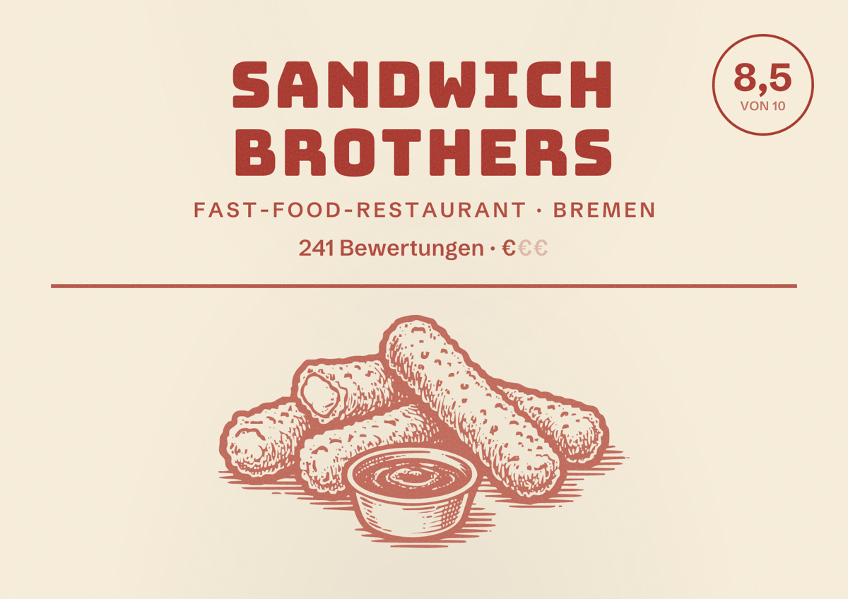 Illustriertes Poster von Sandwich Brothers, Fast-Food-Restaurant in Bremen: Bewertung 8,5 von 10 aus 241 Bewertungen, Preisniveau €