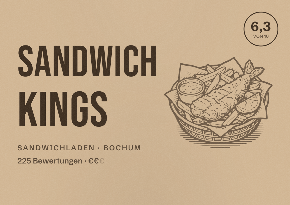 Illustriertes Poster von Sandwich Kings, Sandwichladen in Bochum: Bewertung 6,3 von 10 aus 225 Bewertungen, Preisniveau €€