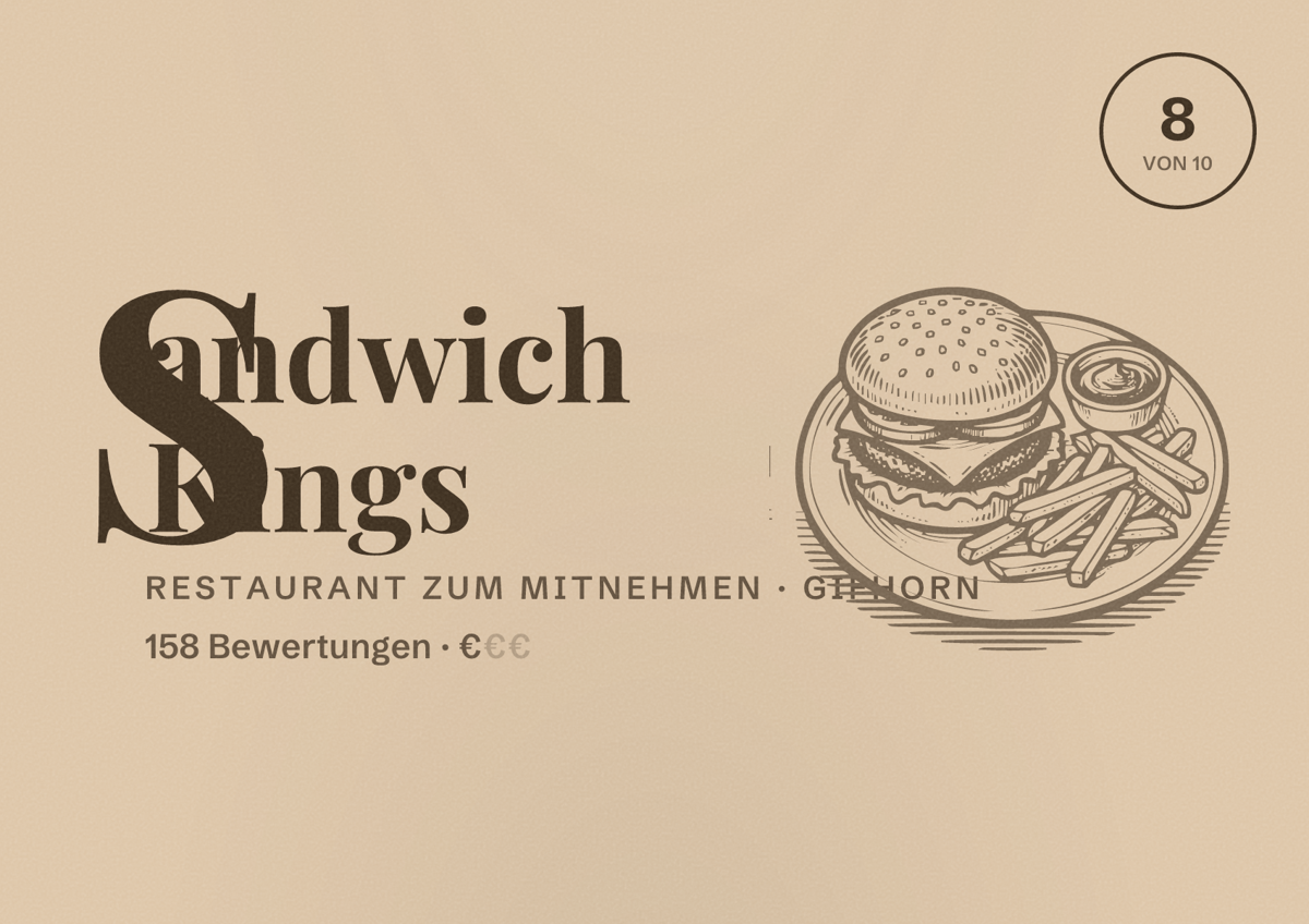 Illustriertes Poster von Sandwich Kings, Restaurant zum Mitnehmen in Gifhorn: Bewertung 8 von 10 aus 158 Bewertungen, Preisniveau €