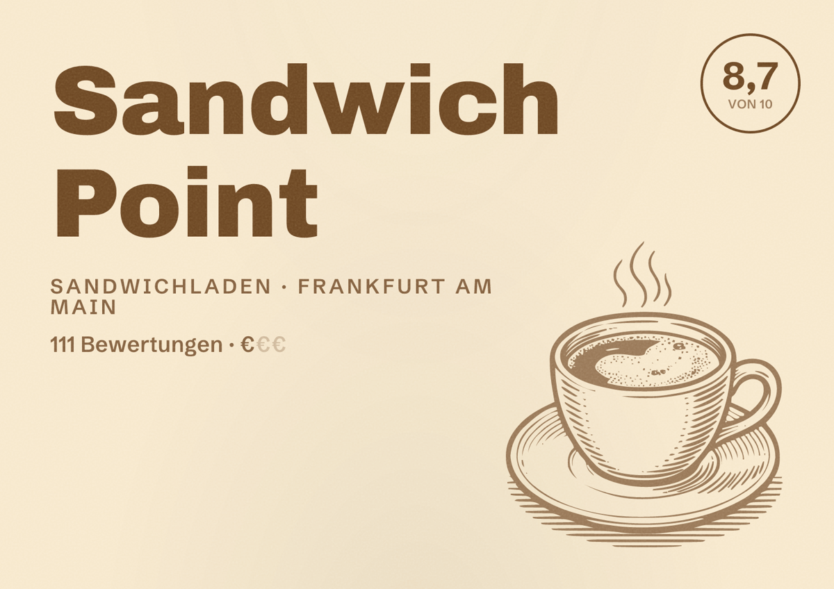 Illustriertes Poster von Sandwich Point, Sandwichladen in Frankfurt am Main: Bewertung 8,7 von 10 aus 111 Bewertungen, Preisniveau €
