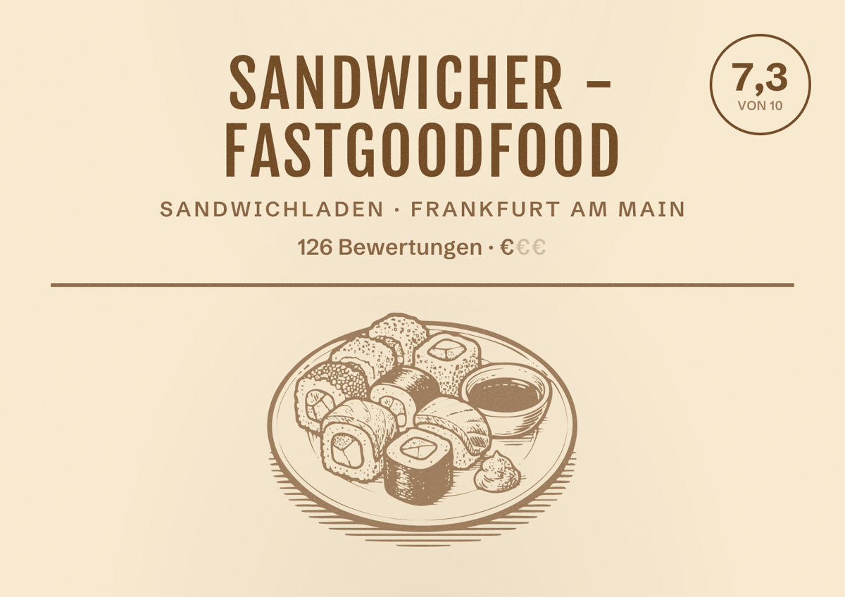 Illustriertes Poster von Sandwicher - FastGoodFood, Sandwichladen in Frankfurt am Main: Bewertung 7,3 von 10 aus 126 Bewertungen, Preisniveau €