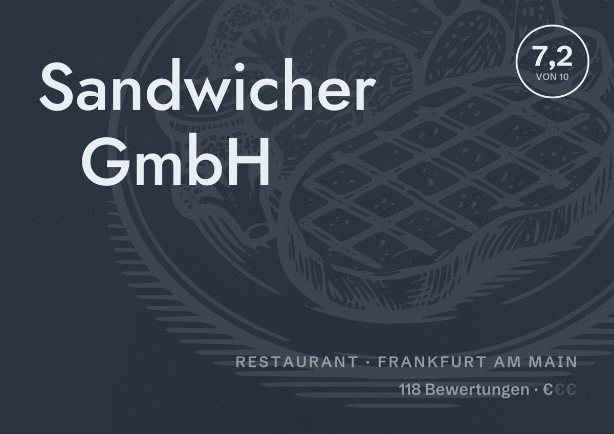 Illustriertes Poster von Sandwicher GmbH, Restaurant in Frankfurt am Main: Bewertung 7,2 von 10 aus 118 Bewertungen, Preisniveau €