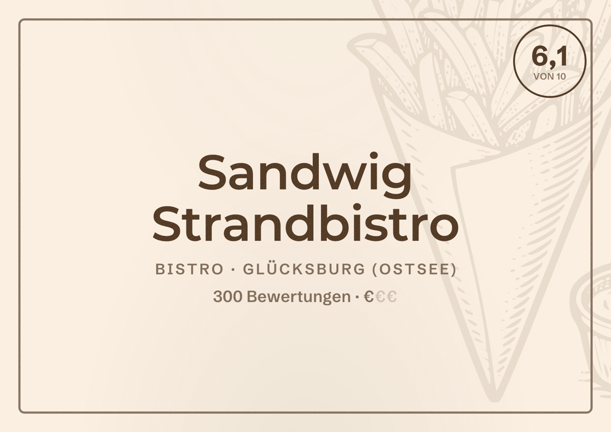 Illustriertes Poster von Sandwig Strandbistro, Bistro in Glücksburg (Ostsee): Bewertung 6,1 von 10 aus 300 Bewertungen, Preisniveau €
