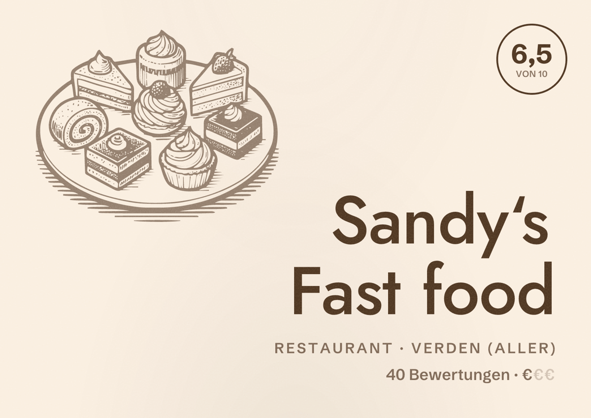 Illustriertes Poster von Sandy‘s Fast food, Restaurant in Verden (Aller): Bewertung 6,5 von 10 aus 40 Bewertungen, Preisniveau €