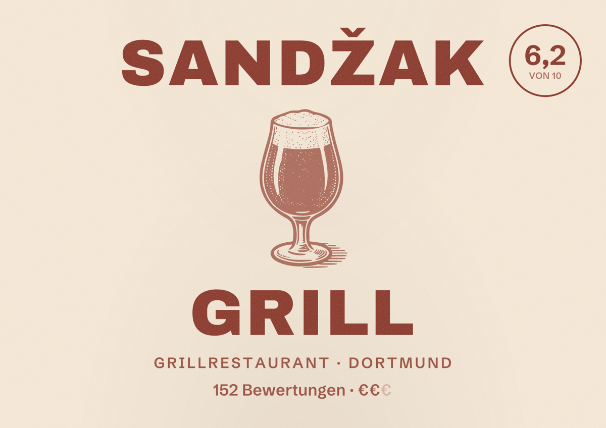 Illustriertes Poster von Sandžak Grill, Grillrestaurant in Dortmund: Bewertung 6,2 von 10 aus 152 Bewertungen, Preisniveau €€