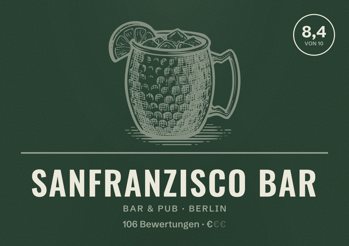 Illustriertes Poster von SanFranzIsco Bar, Bar & Pub in Berlin: Bewertung 8,4 von 10 aus 106 Bewertungen, Preisniveau €