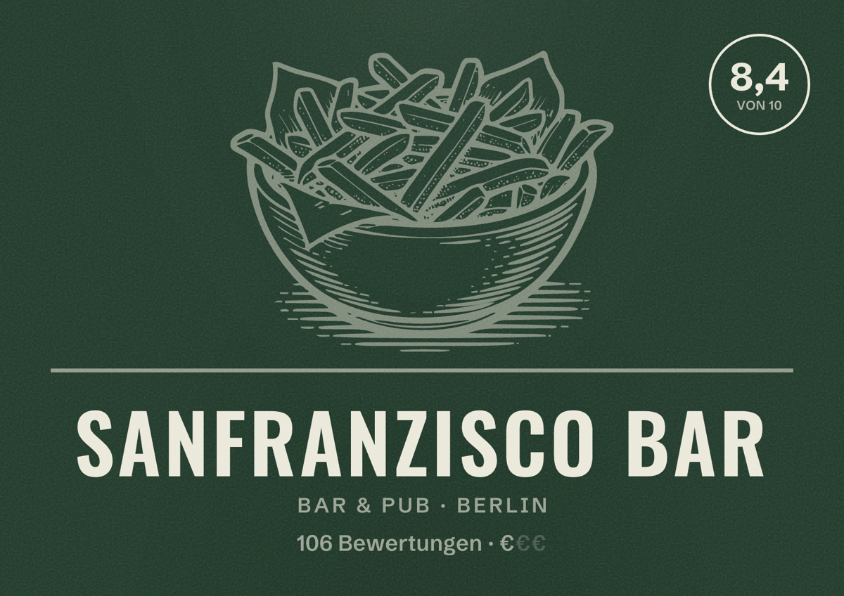 Illustriertes Poster von SanFranzIsco Bar, Bar & Pub in Berlin: Bewertung 8,4 von 10 aus 106 Bewertungen, Preisniveau €