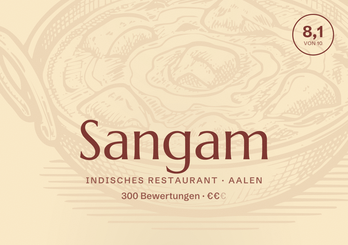 Illustriertes Poster von Sangam, Indisches Restaurant in Aalen: Bewertung 8,1 von 10 aus 300 Bewertungen, Preisniveau €€