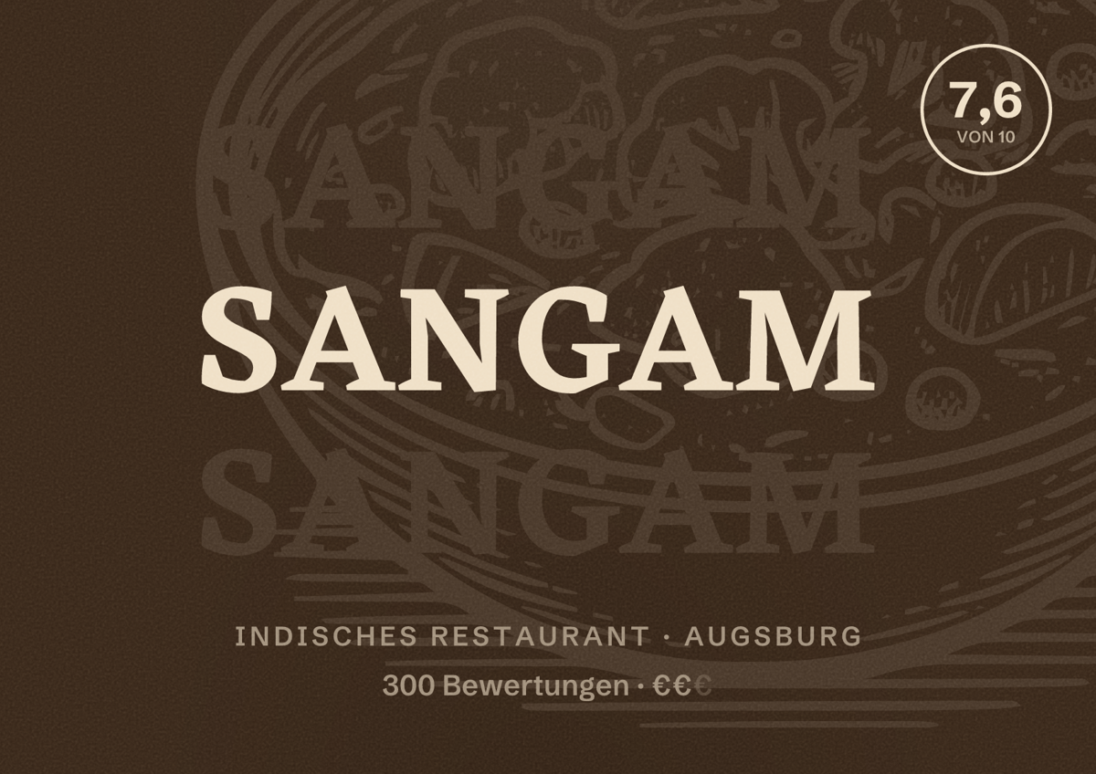 Illustriertes Poster von Sangam, Indisches Restaurant in Augsburg: Bewertung 7,6 von 10 aus 300 Bewertungen, Preisniveau €€