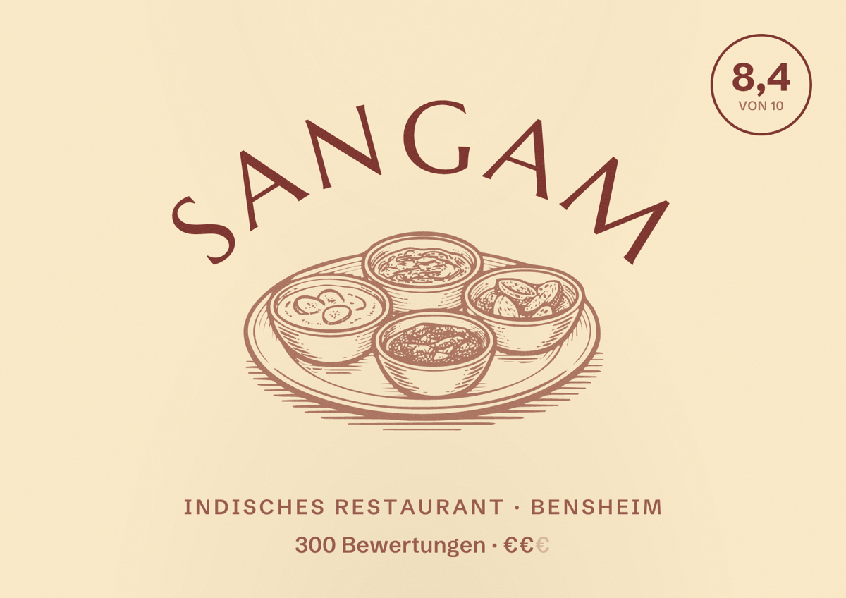 Illustriertes Poster von Sangam, Indisches Restaurant in Bensheim: Bewertung 8,4 von 10 aus 300 Bewertungen, Preisniveau €€