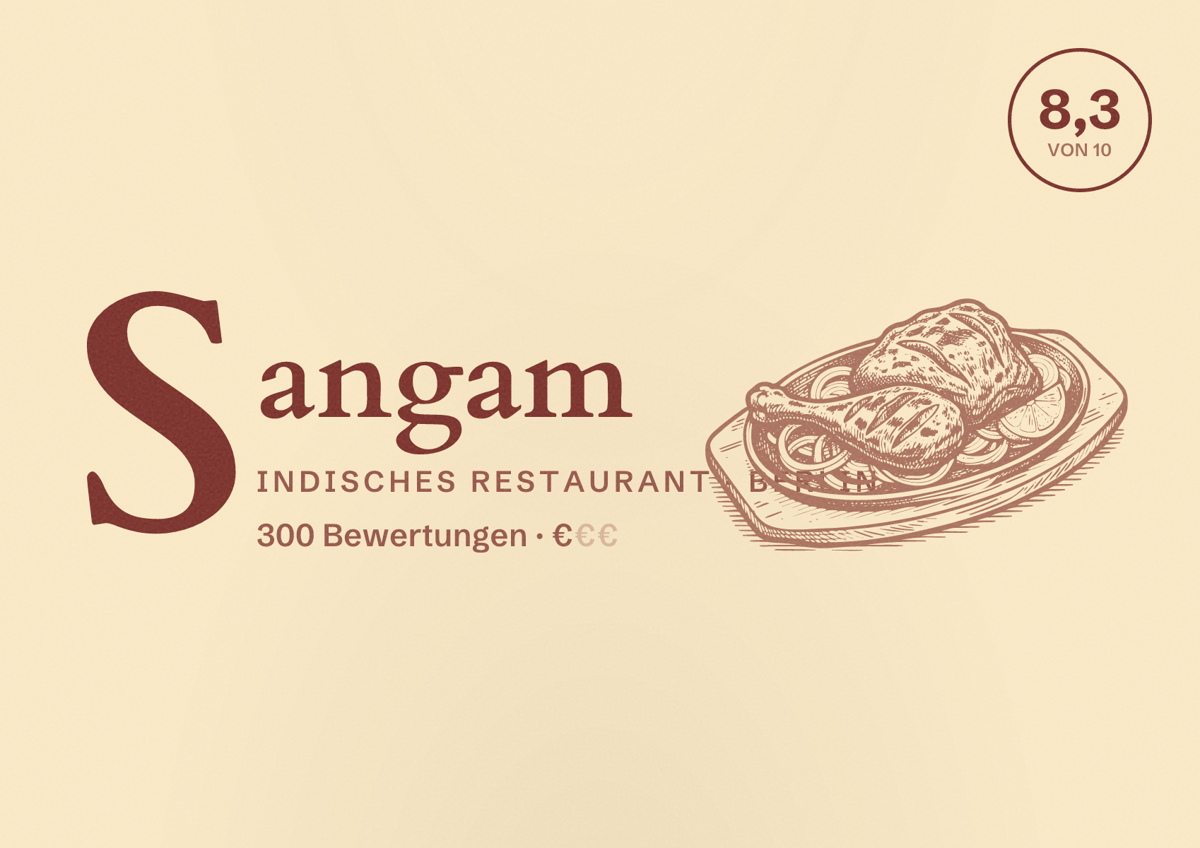 Illustriertes Poster von Sangam, Indisches Restaurant in Berlin: Bewertung 8,3 von 10 aus 300 Bewertungen, Preisniveau €