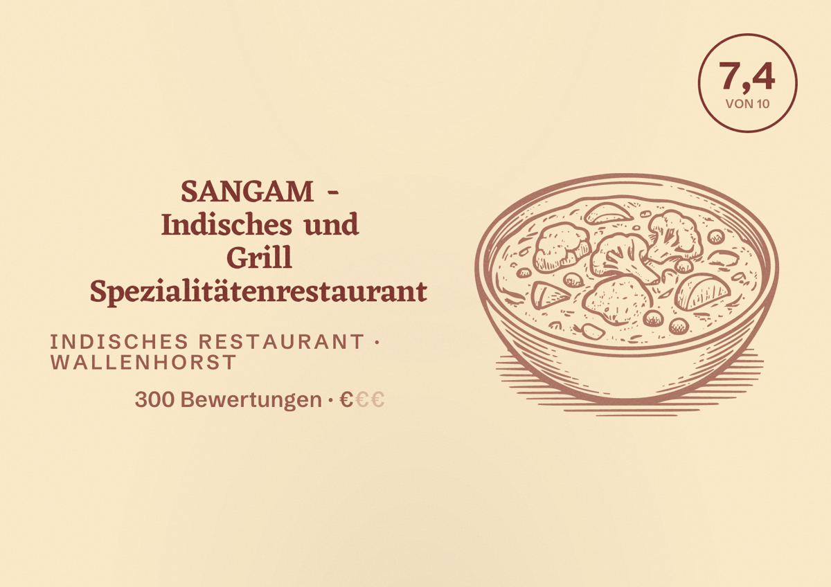 Illustriertes Poster von SANGAM - Indisches und Grill Spezialitätenrestaurant, Indisches Restaurant in Wallenhorst: Bewertung 7,4 von 10 aus 300 Bewertungen, Preisniveau €