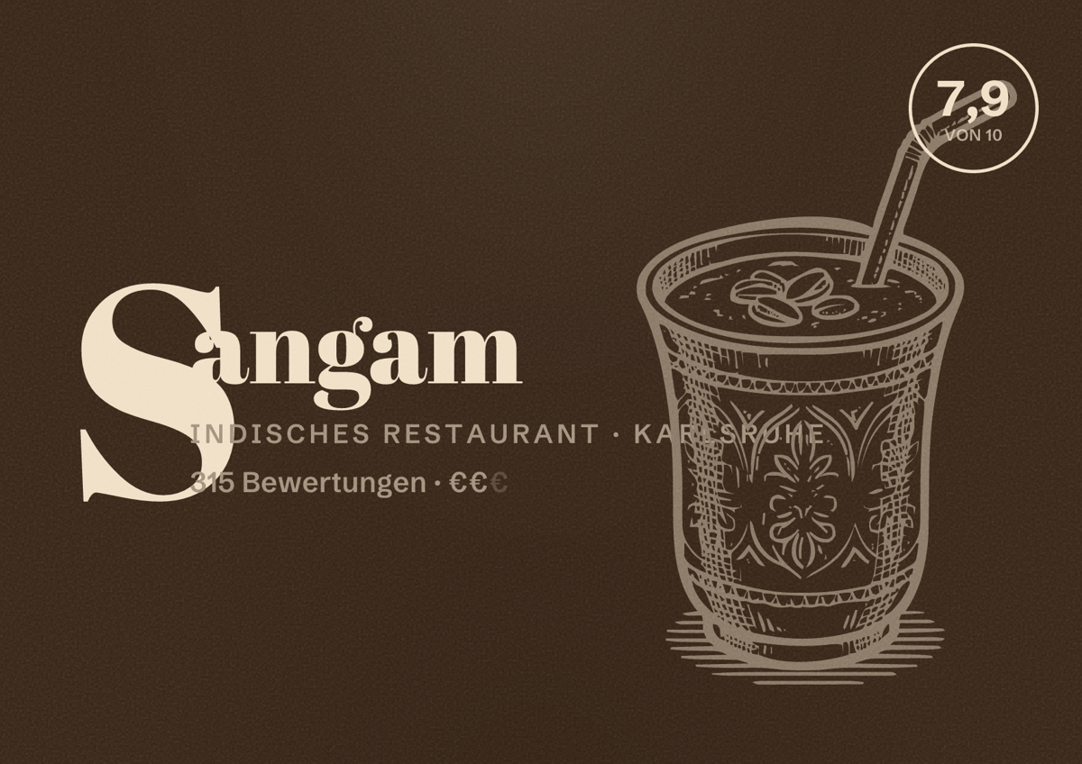 Illustriertes Poster von Sangam, Indisches Restaurant in Karlsruhe: Bewertung 7,9 von 10 aus 315 Bewertungen, Preisniveau €€