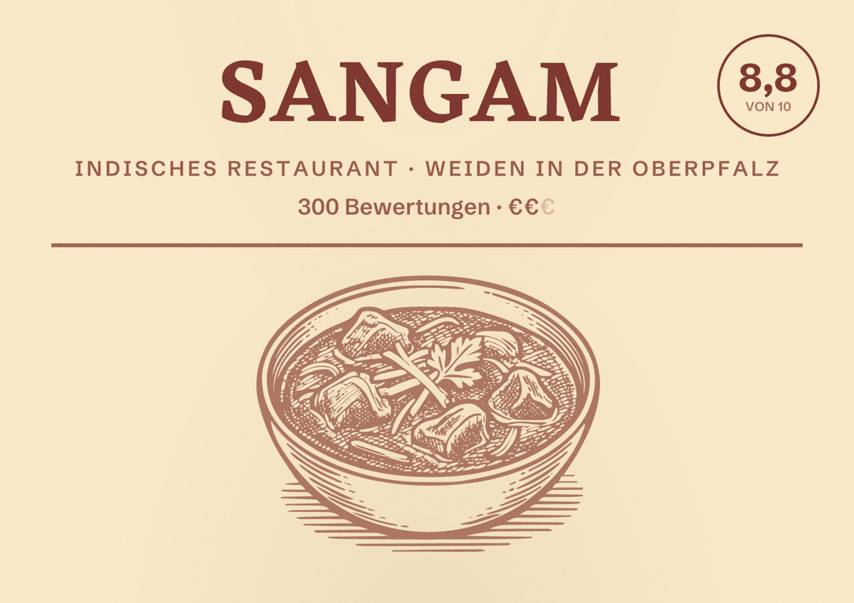 Illustriertes Poster von Sangam, Indisches Restaurant in Weiden in der Oberpfalz: Bewertung 8,8 von 10 aus 300 Bewertungen, Preisniveau €€