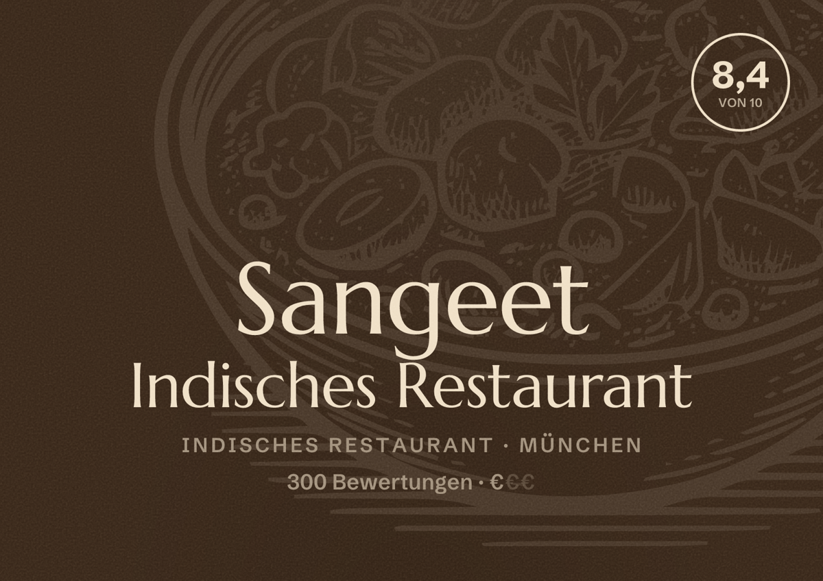 Illustriertes Poster von Sangeet Indisches Restaurant, Indisches Restaurant in München: Bewertung 8,4 von 10 aus 300 Bewertungen, Preisniveau €