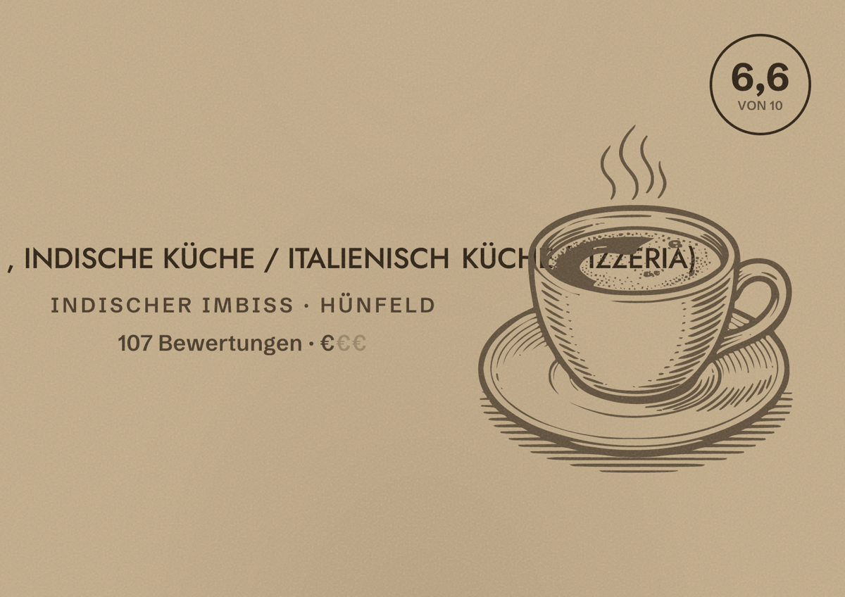 Illustriertes Poster von SANI- KEBAP , INDISCHE KÜCHE / ITALIENISCH KÜCHE (PIZZERIA), Indischer Imbiss in Hünfeld: Bewertung 6,6 von 10 aus 107 Bewertungen, Preisniveau €
