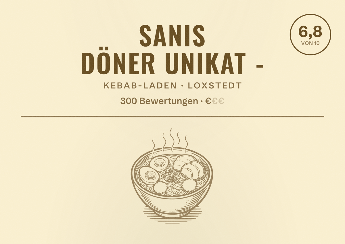 Illustriertes Poster von Sanis Döner Unikat -, Kebab-Laden in Loxstedt: Bewertung 6,8 von 10 aus 300 Bewertungen, Preisniveau €