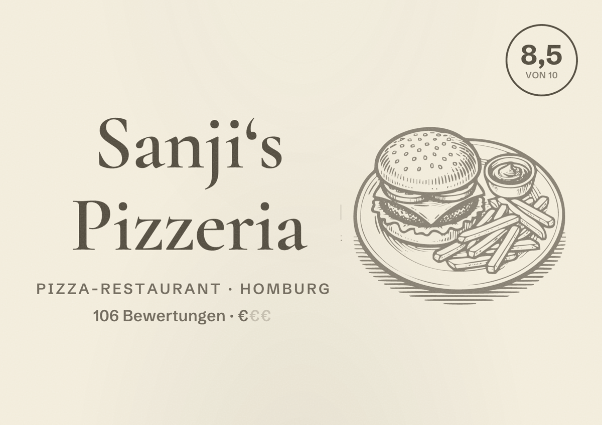 Illustriertes Poster von Sanji‘s Pizzeria, Pizza-Restaurant in Homburg: Bewertung 8,5 von 10 aus 106 Bewertungen, Preisniveau €