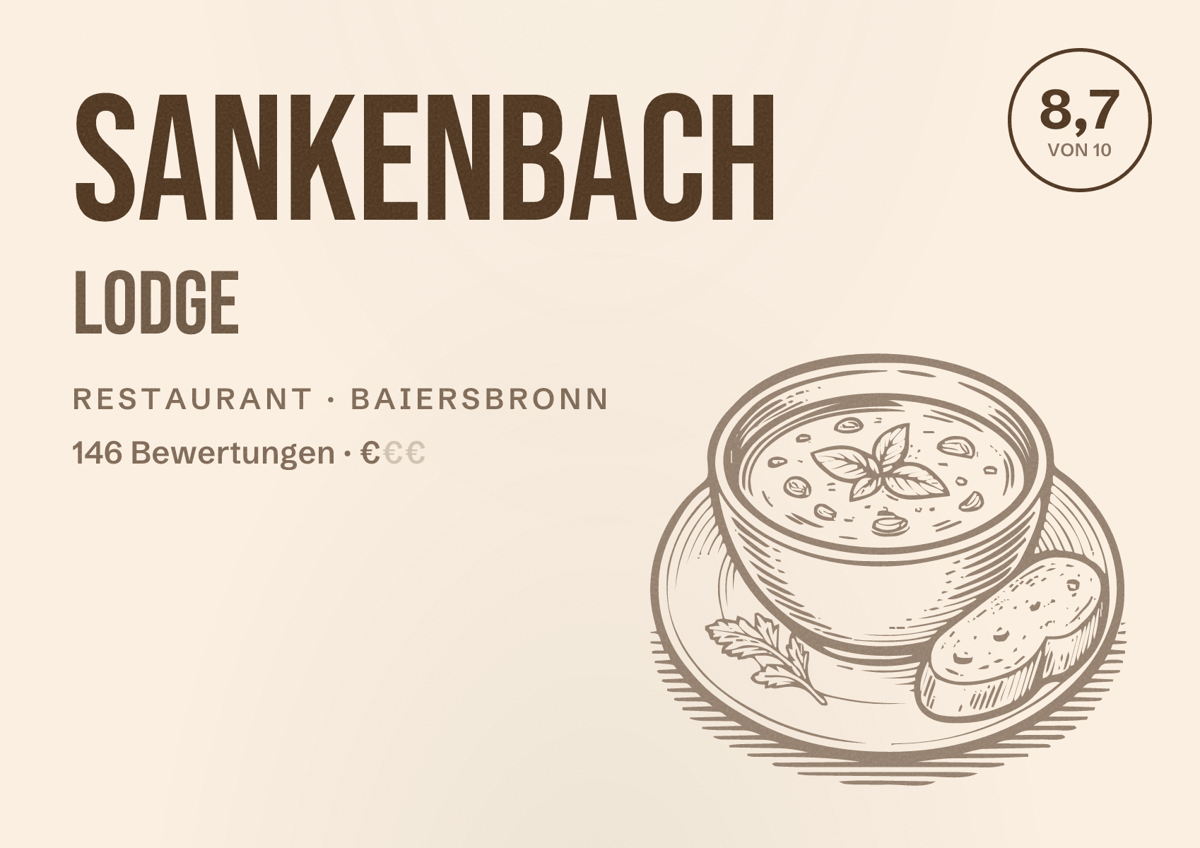 Illustriertes Poster von Sankenbach Lodge, Restaurant in Baiersbronn: Bewertung 8,7 von 10 aus 146 Bewertungen, Preisniveau €