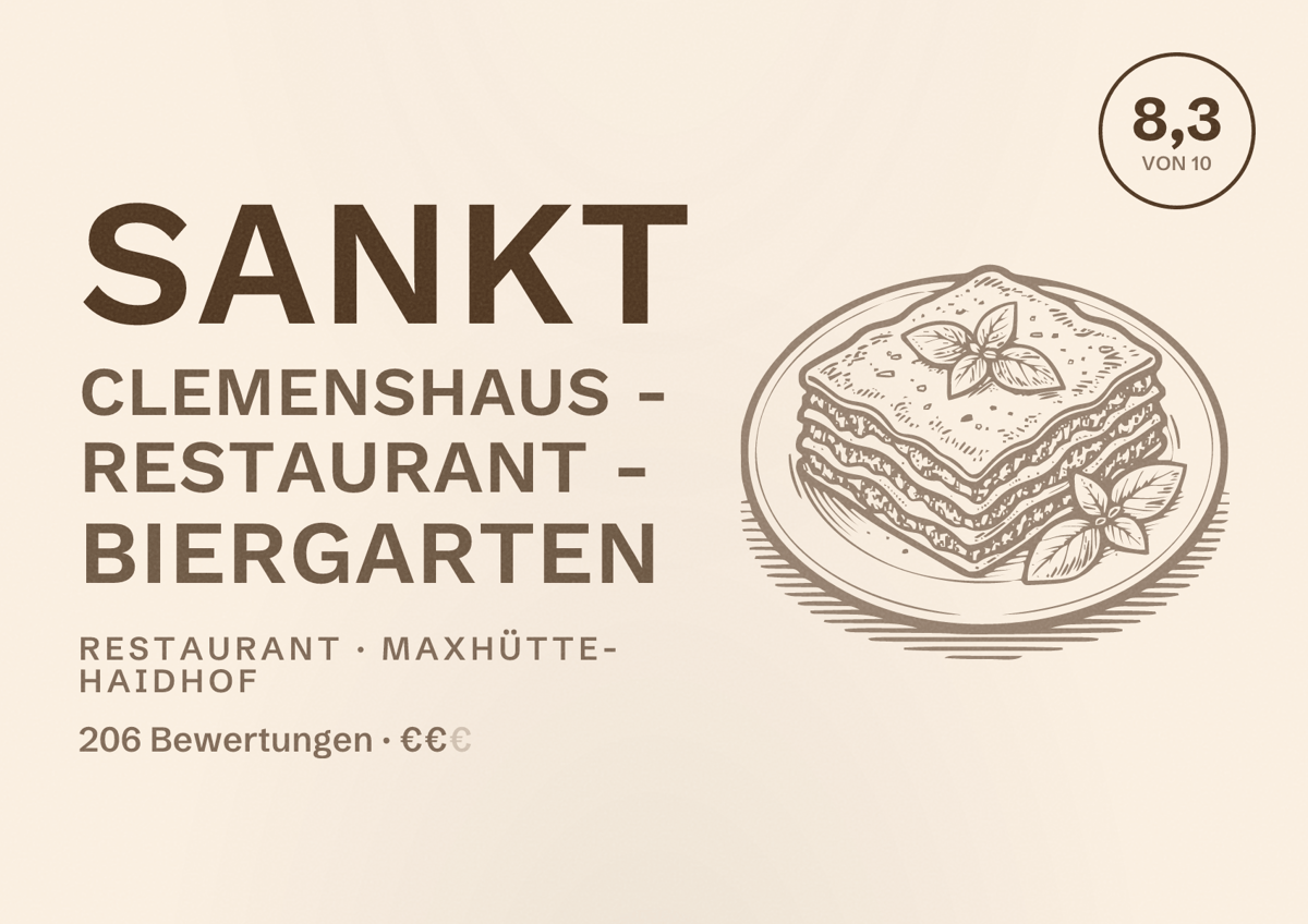 Illustriertes Poster von Sankt Clemenshaus - Restaurant - Biergarten, Restaurant in Maxhütte-Haidhof: Bewertung 8,3 von 10 aus 206 Bewertungen, Preisniveau €€