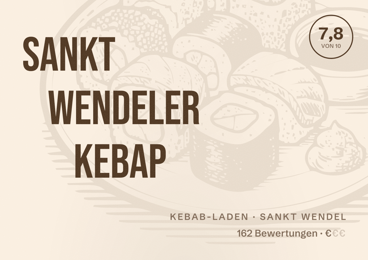 Illustriertes Poster von Sankt Wendeler Kebap, Kebab-Laden in Sankt Wendel: Bewertung 7,8 von 10 aus 162 Bewertungen, Preisniveau €