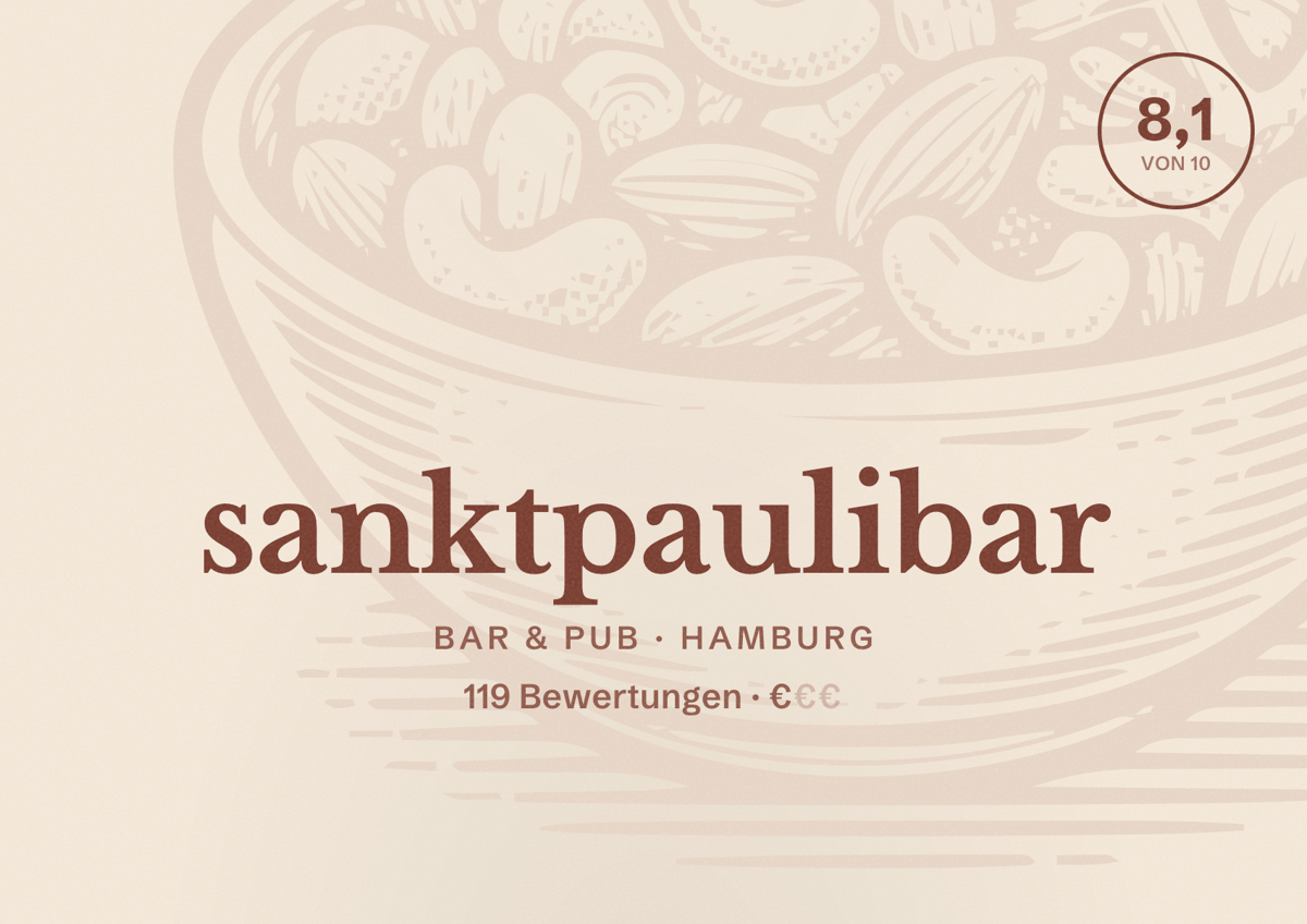 Illustriertes Poster von sanktpaulibar, Bar & Pub in Hamburg: Bewertung 8,1 von 10 aus 119 Bewertungen, Preisniveau €