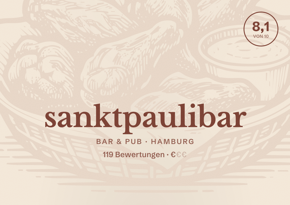 Illustriertes Poster von sanktpaulibar, Bar & Pub in Hamburg: Bewertung 8,1 von 10 aus 119 Bewertungen, Preisniveau €