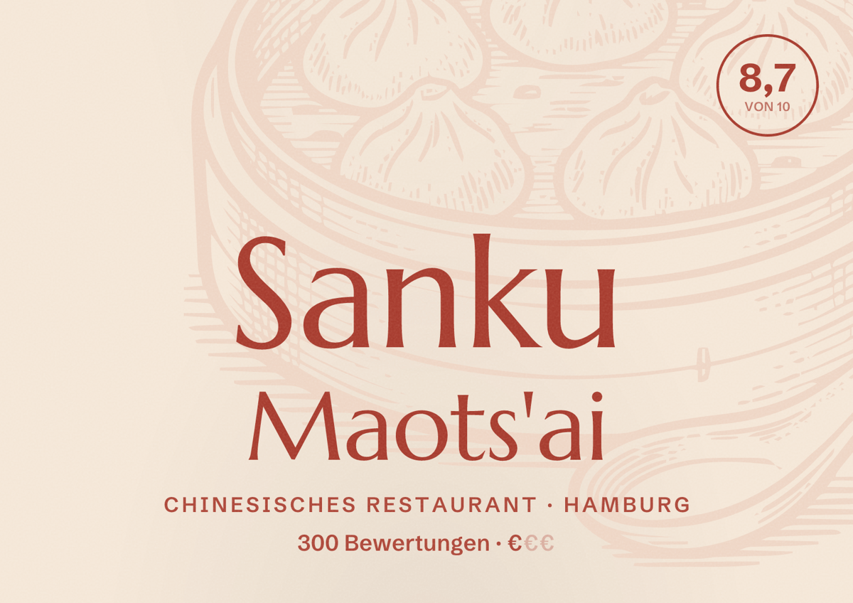 Illustriertes Poster von Sanku Maots'ai, Chinesisches Restaurant in Hamburg: Bewertung 8,7 von 10 aus 300 Bewertungen, Preisniveau €