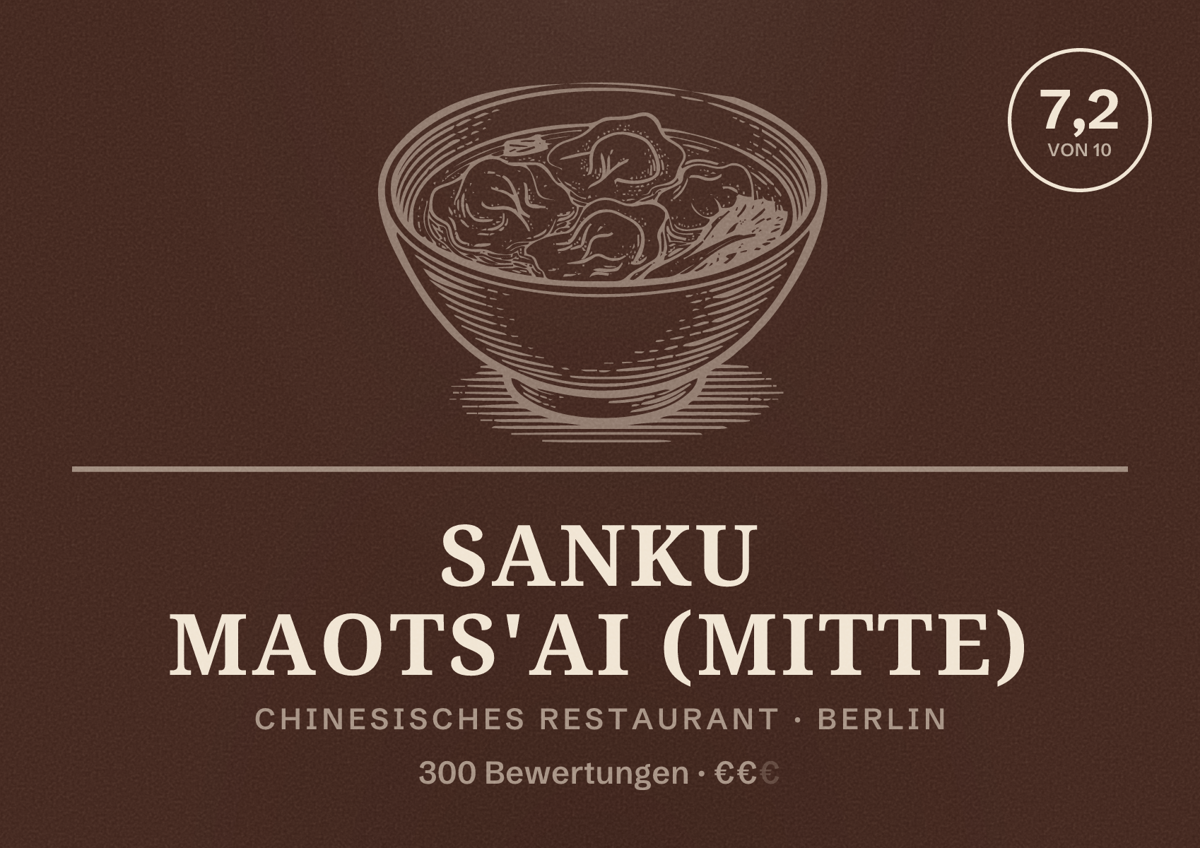 Illustriertes Poster von Sanku Maots'ai (Mitte), Chinesisches Restaurant in Berlin: Bewertung 7,2 von 10 aus 300 Bewertungen, Preisniveau €€