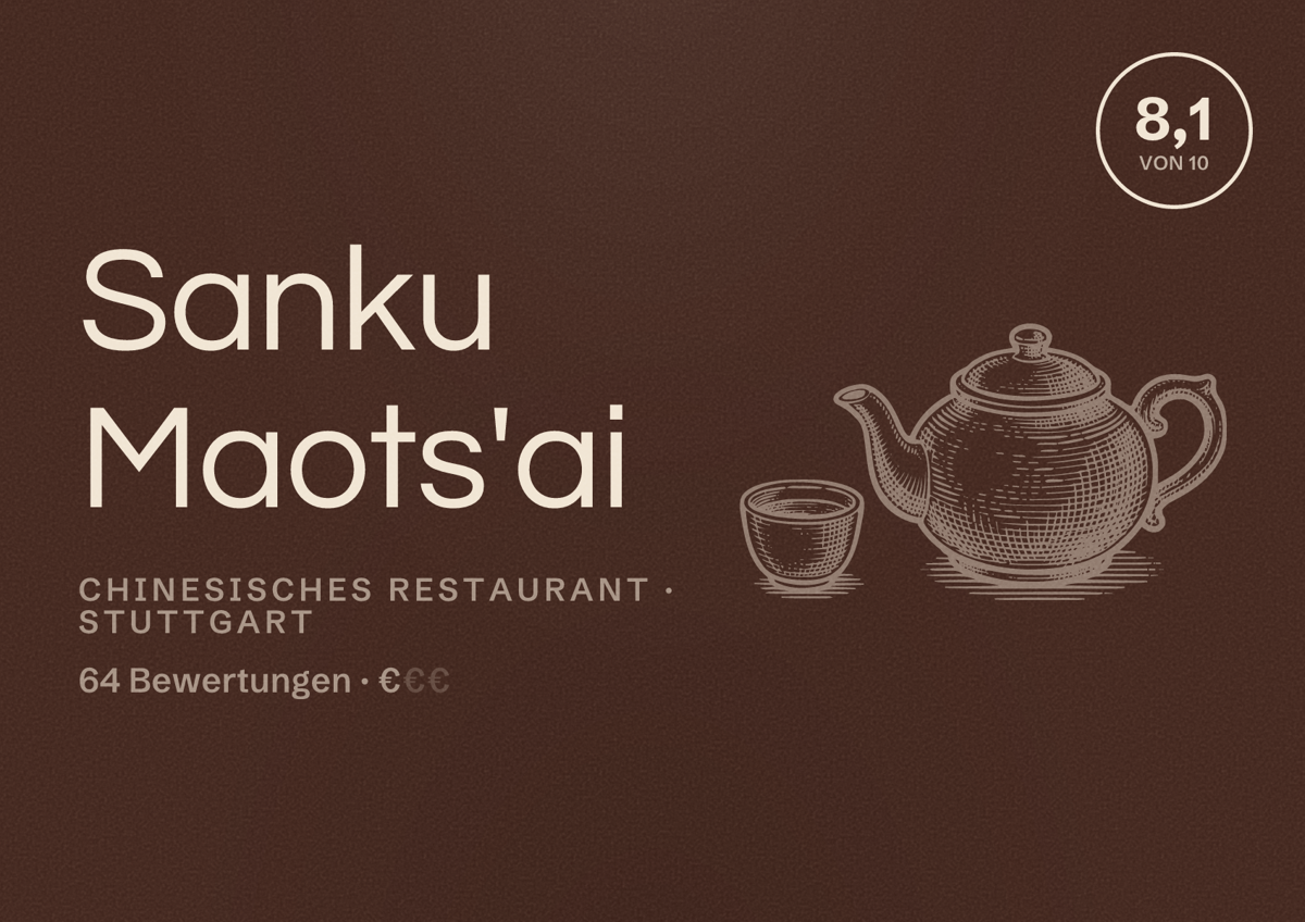 Illustriertes Poster von Sanku Maots'ai, Chinesisches Restaurant in Stuttgart: Bewertung 8,1 von 10 aus 64 Bewertungen, Preisniveau €