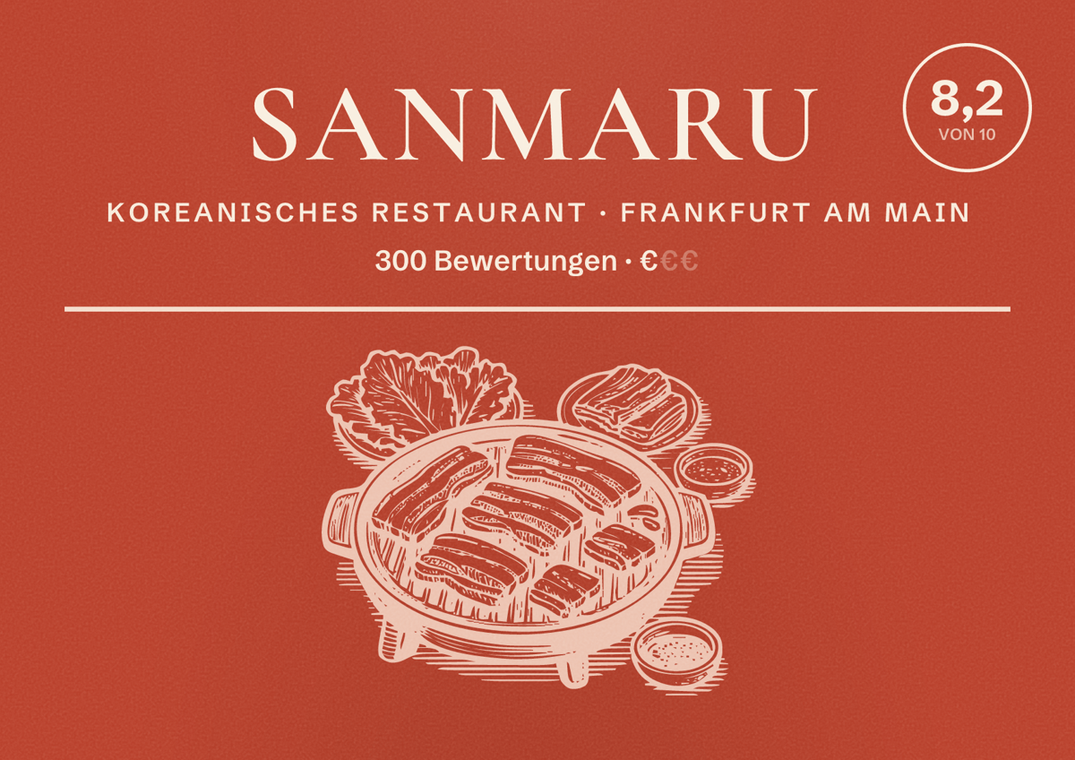 Illustriertes Poster von Sanmaru, Koreanisches Restaurant in Frankfurt am Main: Bewertung 8,2 von 10 aus 300 Bewertungen, Preisniveau €