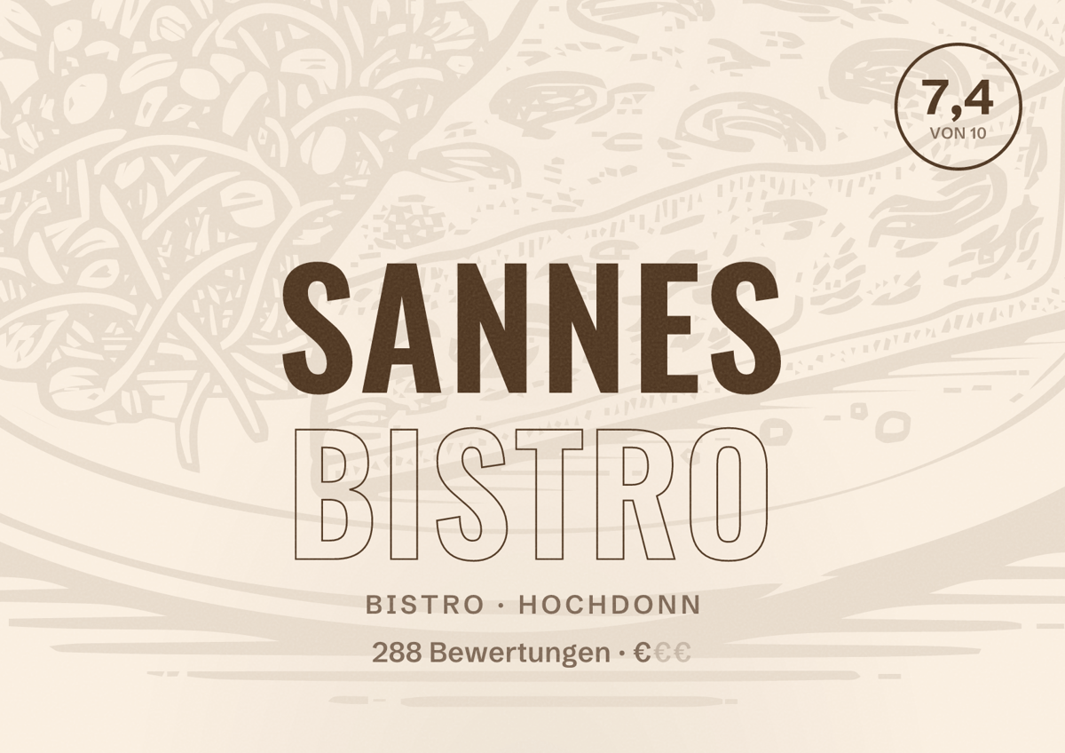Illustriertes Poster von Sannes Bistro, Bistro in Hochdonn: Bewertung 7,4 von 10 aus 288 Bewertungen, Preisniveau €