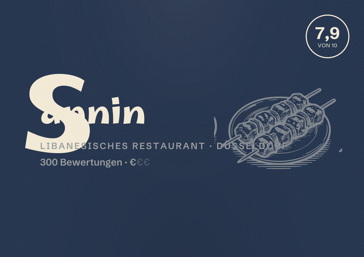Illustriertes Poster von Sannin, Libanesisches Restaurant in Düsseldorf: Bewertung 7,9 von 10 aus 300 Bewertungen, Preisniveau €